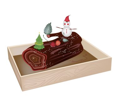 Lezzetli Yule Log pasta tahta kap içinde