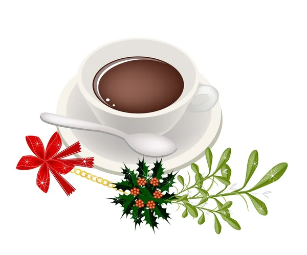 Une tasse de café chaud avec bouquet de gui — Image vectorielle