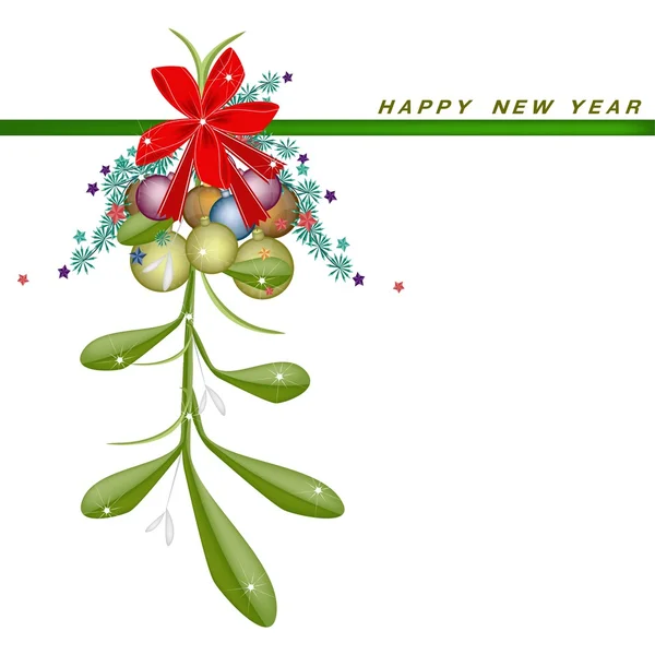 New Year Card with Mistletoe with A Red Bow — Stock Vector