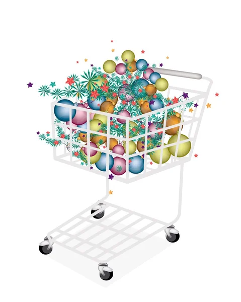 Decoración de bolas de Navidad en ramitas de abeto en el carrito de compras — Vector de stock