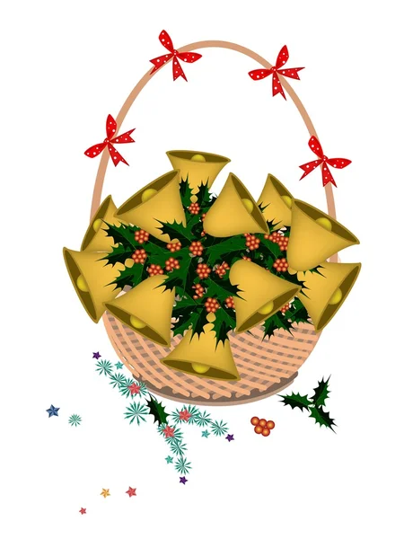 Panier brun de cloche dorée et houx de Noël — Image vectorielle