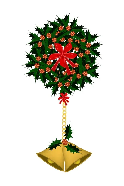 Cloche d'or et houx de Noël avec un arc — Image vectorielle
