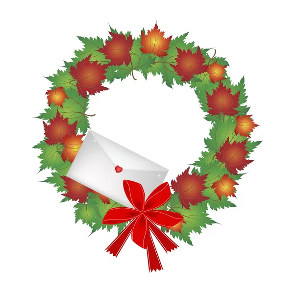Christmas Wreath of Maple Leaves and Envelope — Stock Vector