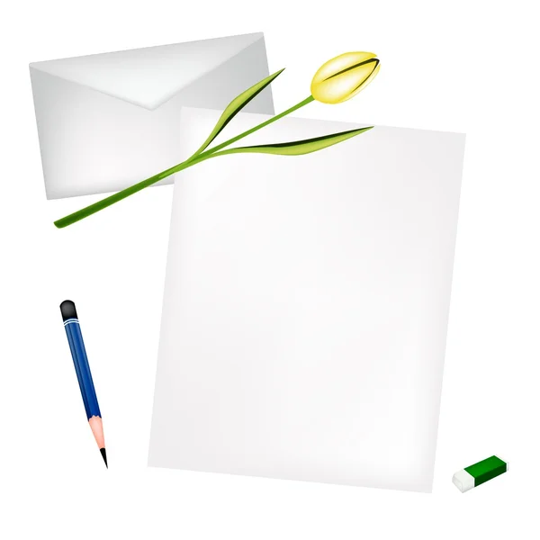 Tulipe jaune sur la page blanche et l'enveloppe — Image vectorielle