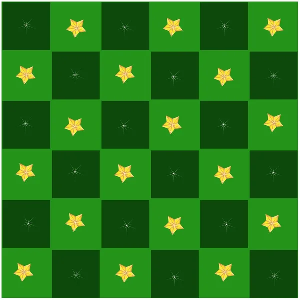 Złote gwiazdy w zielonej i ciemno zielony szachownicy — Wektor stockowy