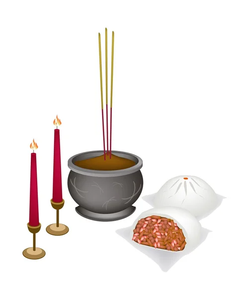 Nikuman chinês com vela e Joss Stick — Vetor de Stock