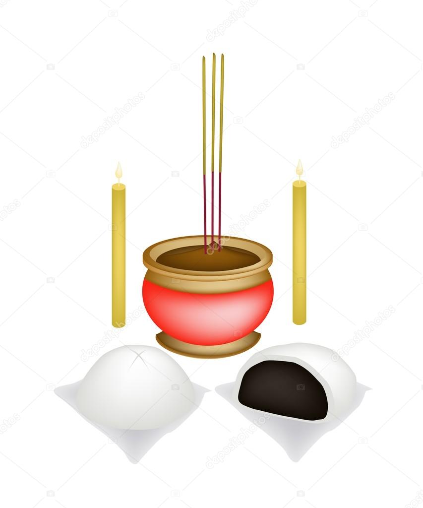 Chinese Baozi with Candle and Joss Stick