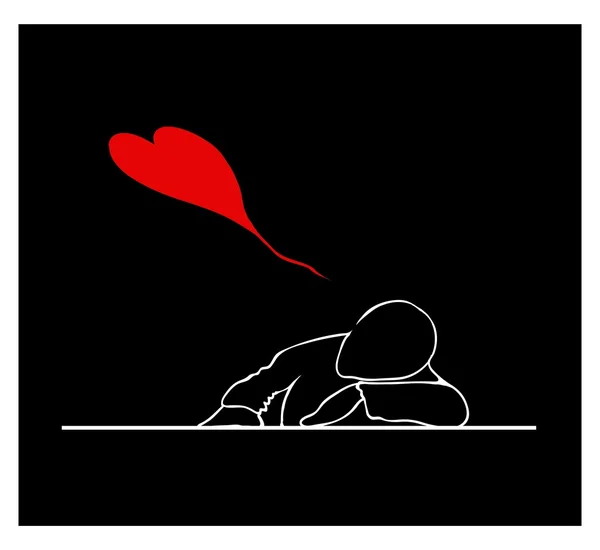 Ein Mann schläft auf dem Schreibtisch mit schönen roten Herzen — Stockvektor