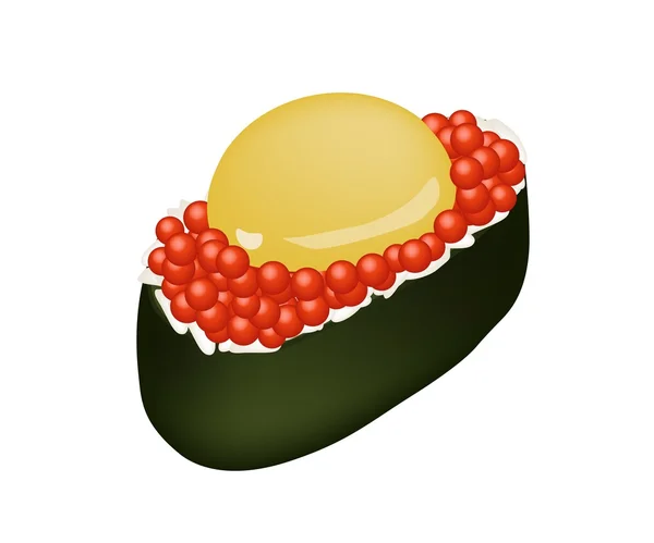 Rollo de huevas de salmón de caviar rojo con huevo de codorniz crudo — Vector de stock