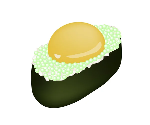 Verde Tobiko Sushi con Uzura o huevo crudo de codorniz — Vector de stock