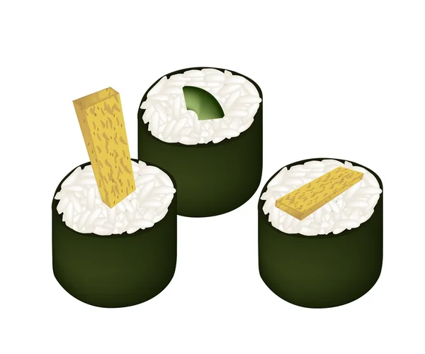 Spiegelei-Sushi-Rolle und Avocado-Maki — Stockvektor