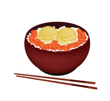 Çiğ yumurta ve somon ile haşlanmış pirinç