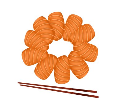 Beyaz arka plan üzerinde yemek çubukları ile somon balığı