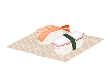 Karides Nigiri ve kalamar Nigiri bambu hasır üzerinde 