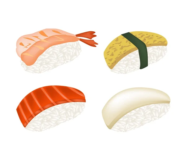 Japanisches Meeresfrüchte-Sushi und tamagoyaki nigiri auf weiß — Stockvektor