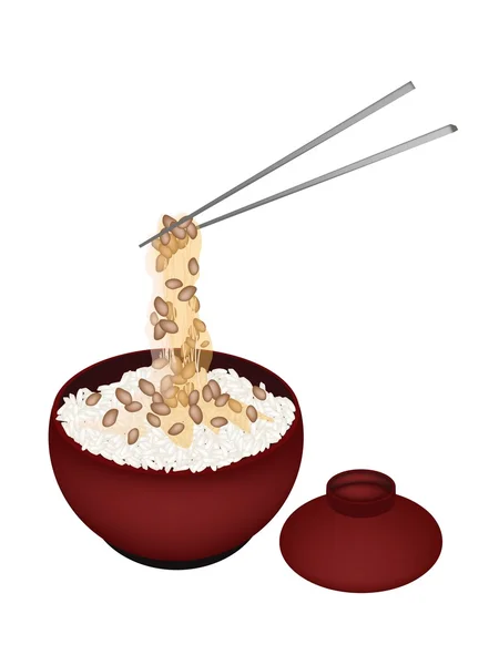 Bol de riz blanc avec Natto fermenté — Image vectorielle