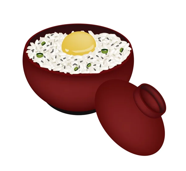 Tigela de arroz cozido com ovo cru e cebolinha — Vetor de Stock