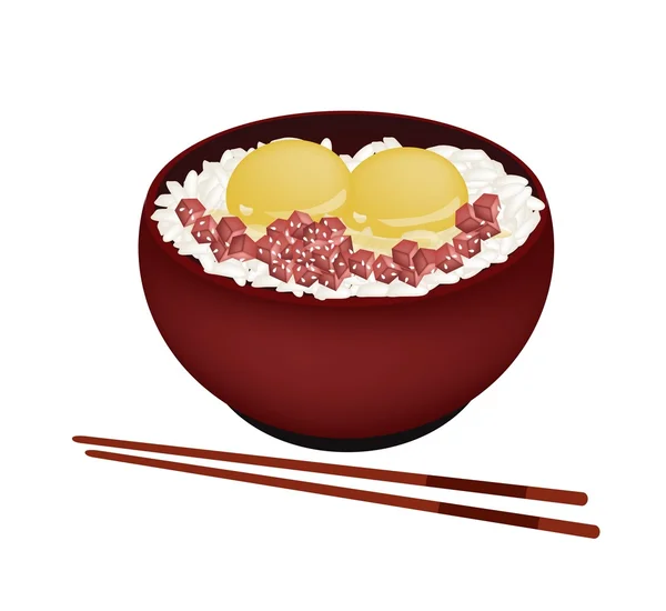 Bol de riz bouilli avec oeuf cru et Maguro — Image vectorielle