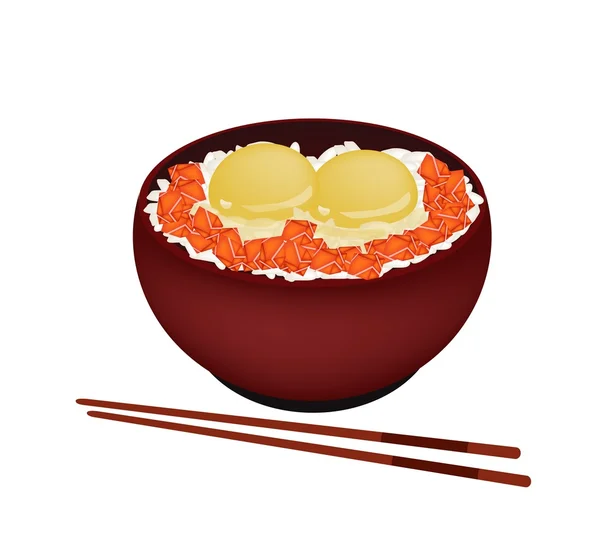 Cuenco de arroz hervido con huevo crudo y salmón — Vector de stock