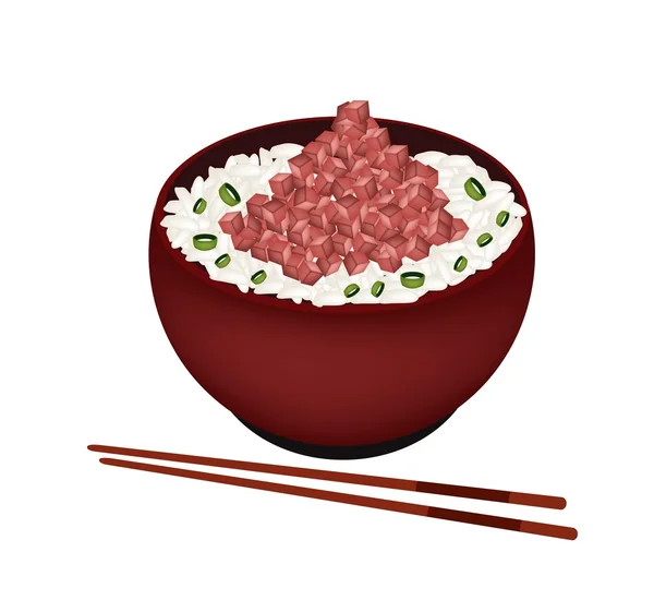 Bowl of Boiled Rice Topping with Chopped Maguro — Stock Vector