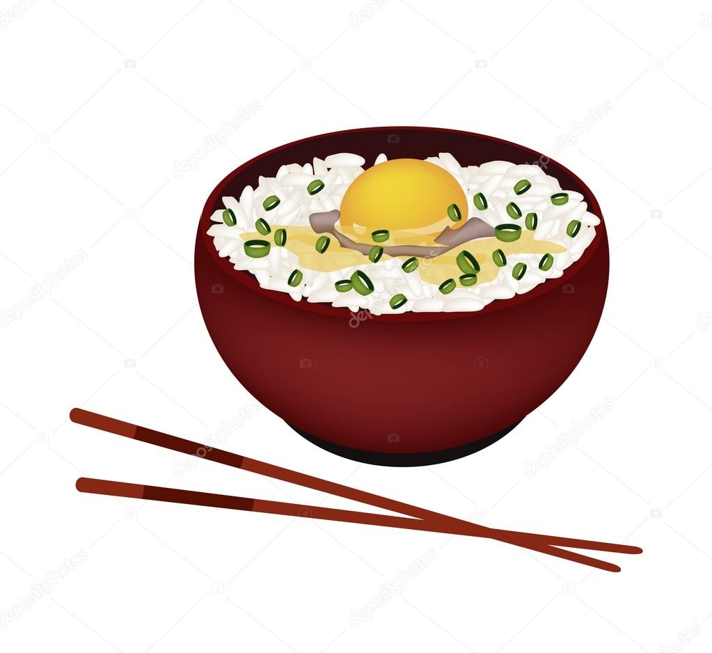 Bowl of White Rice with Raw Egg and Scallion