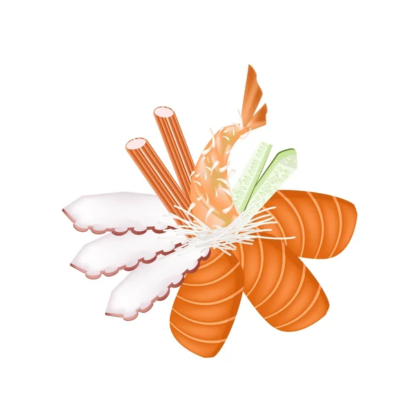 Sashimi de mariscos con palillos sobre fondo blanco — Vector de stock