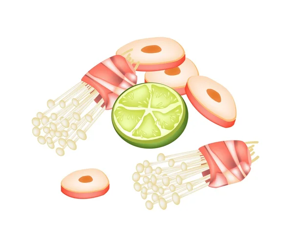 Bacon and Enoki Mushroom Roll with Carrot and Lime — Stock Vector