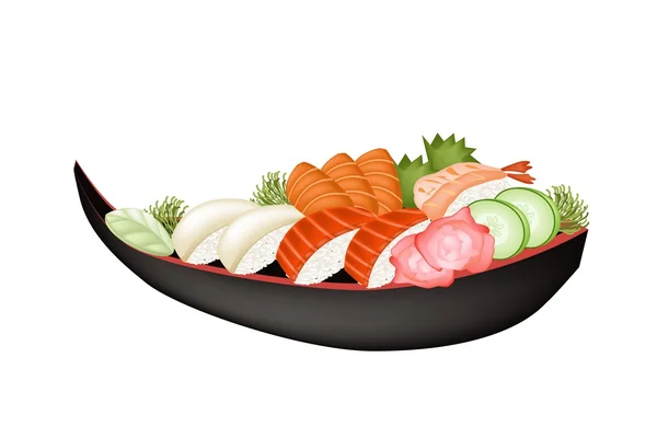 Sushi de frutos do mar com Salmão Sashimi e Wasabi — Vetor de Stock