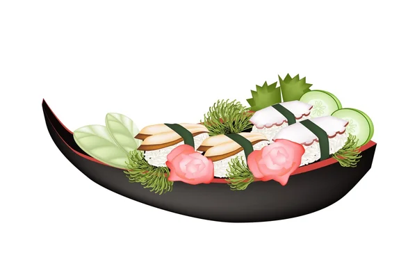 Unagi Sushi and Tako Sushi on Wooden Boat — Stock Vector