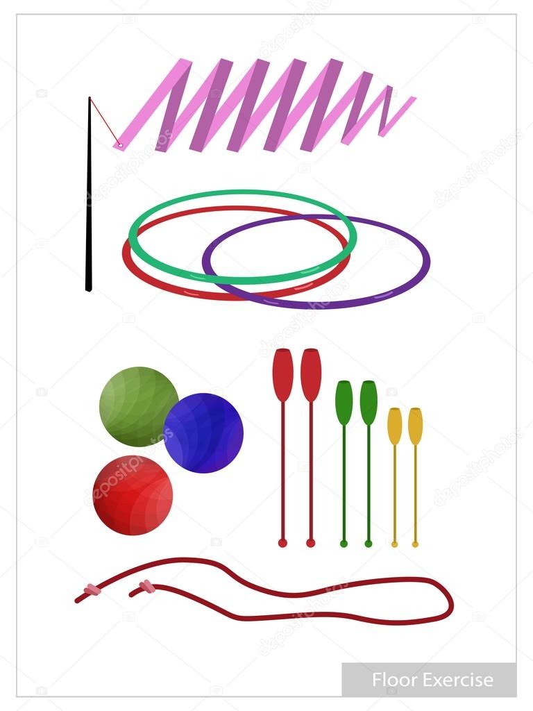 Set of Rhythmic Gymnastic Equipments on White Background