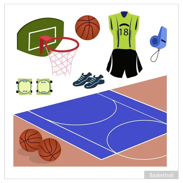 Conjunto de equipamentos de basquete em fundo branco —  Vetores de Stock