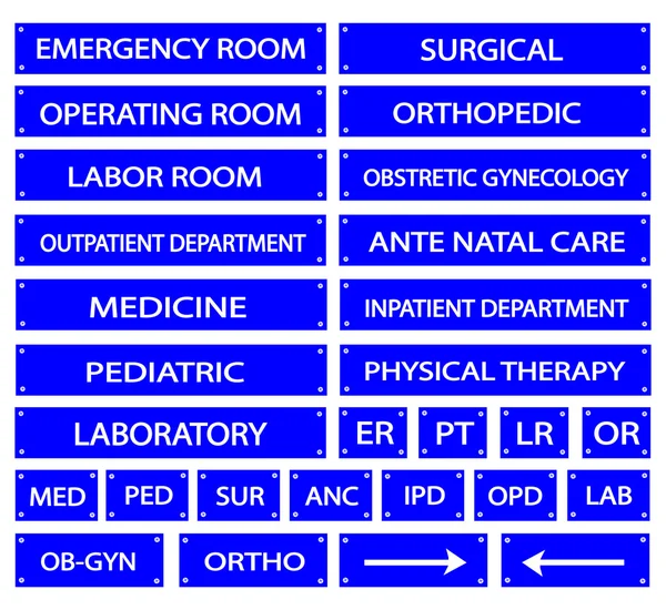 Set of Blue Hospital Sign and Medical Abbreviations — Stock Vector