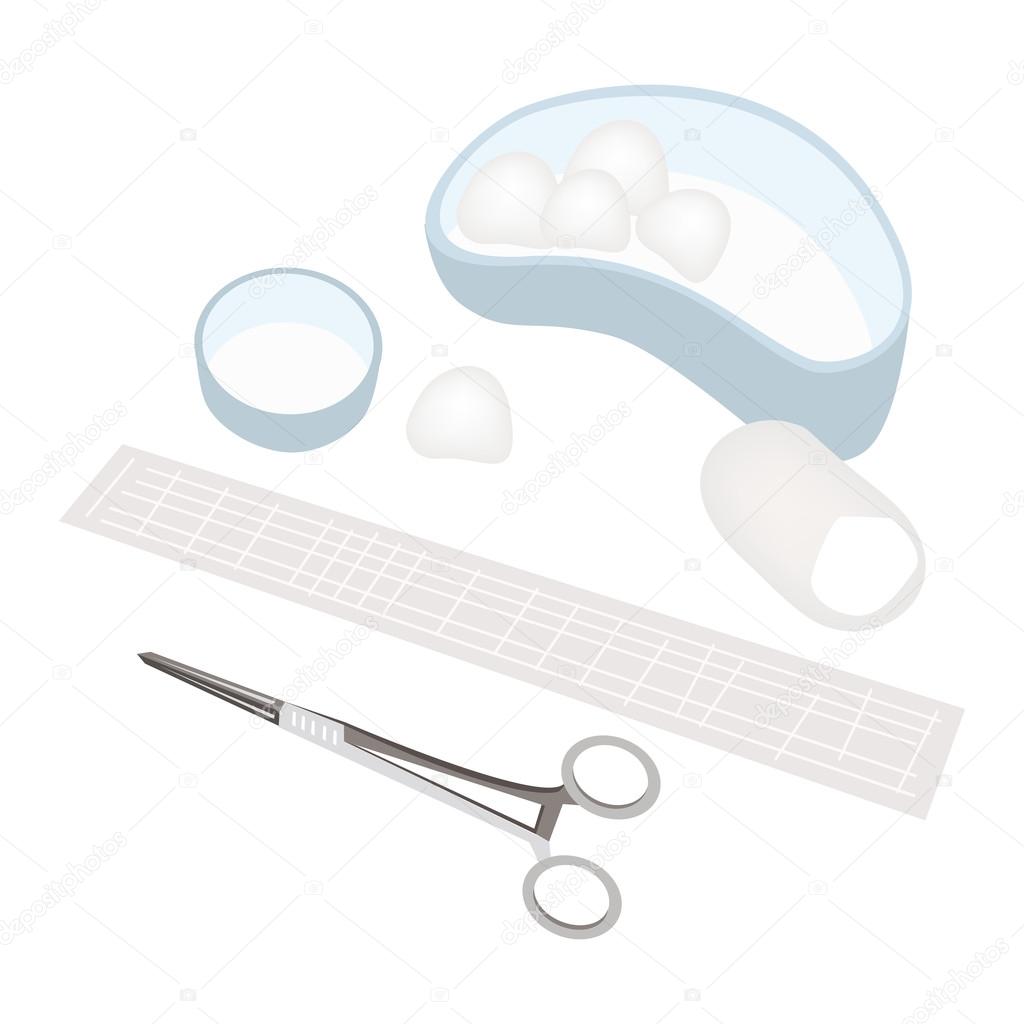 Scissors and Wound Dressing Supplies on White Background