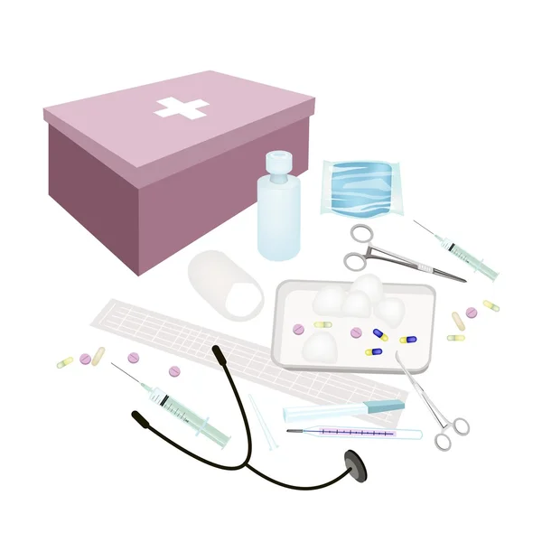 Caja de primeros auxilios con suministros médicos sobre fondo blanco — Vector de stock