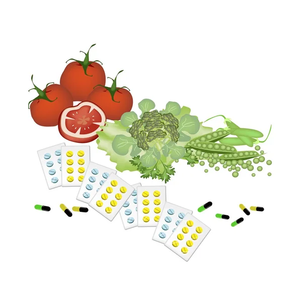 Vegetables and Vitamine Capsules on White Background. — Stock Vector