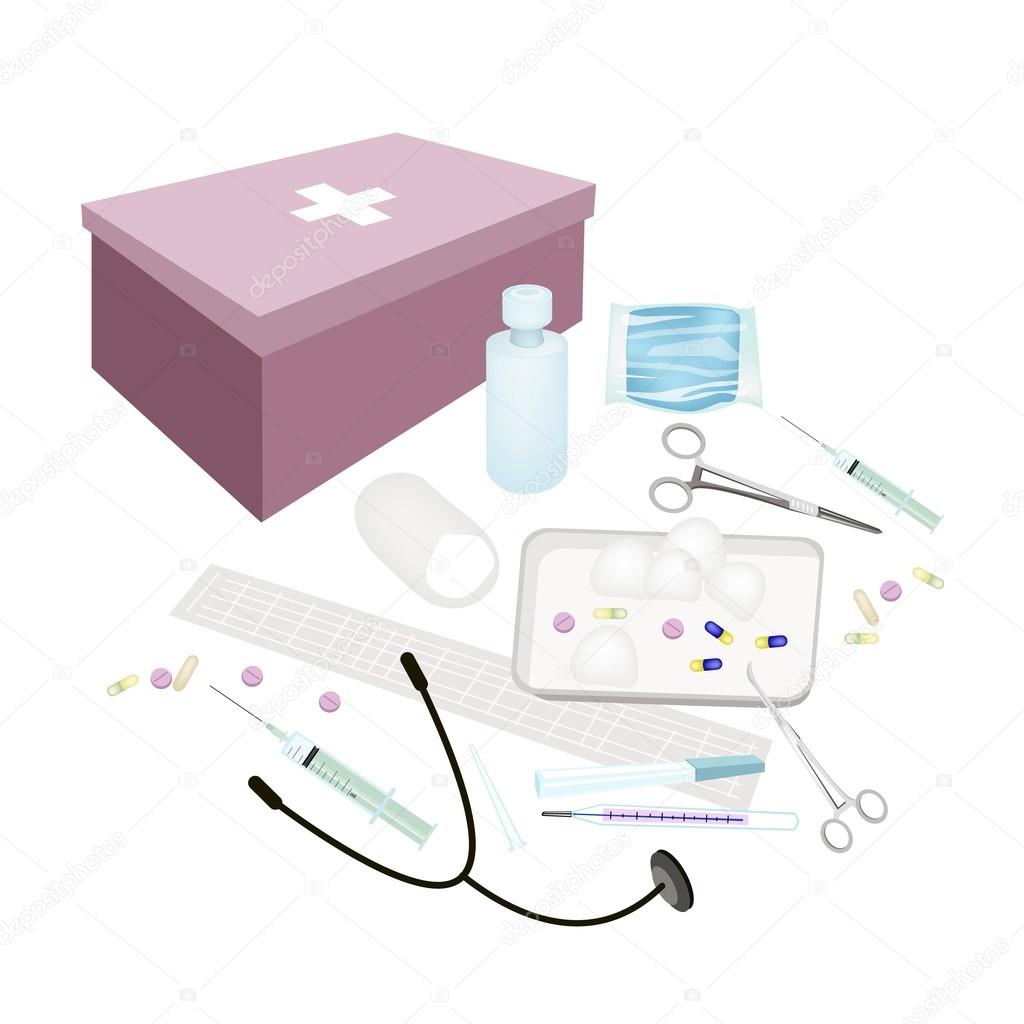 First Aid Box with Medical Supplies on White Background