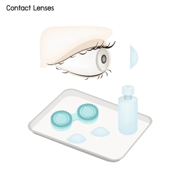 Contactlenzen, opbergtas en oplossing fles — Stockvector