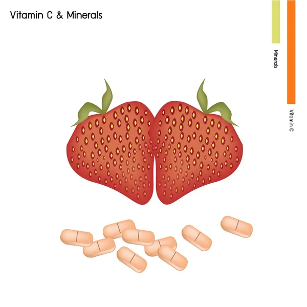 व्हाइट पार्श्वभूमीवर व्हिटॅमिन सीसह स्ट्रॉबेरीज — स्टॉक व्हेक्टर