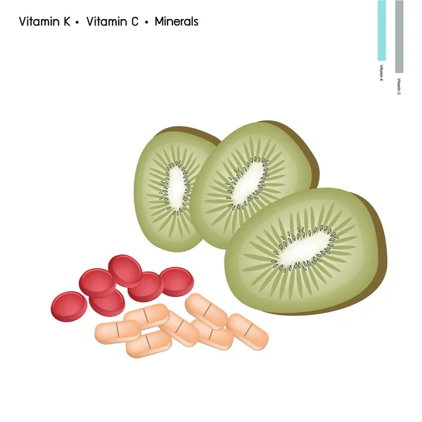 Kiwifrüchte mit Vitamin C, K und Mineralien — Stockvektor