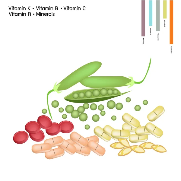 Guisantes verdes con vitamina K, B, C y vitamina A — Vector de stock