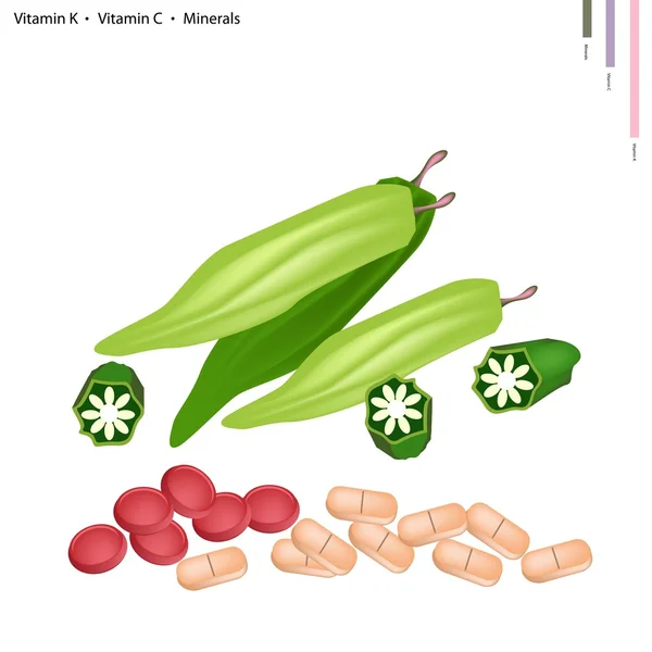 Bamya veya Bayan parmak K vitamini ve C ile — Stok Vektör