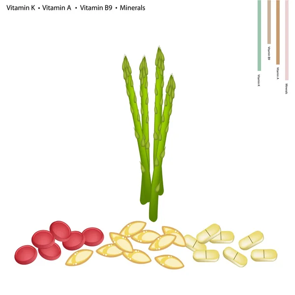 Asparagi con Vitamina K, A e B9 — Vettoriale Stock