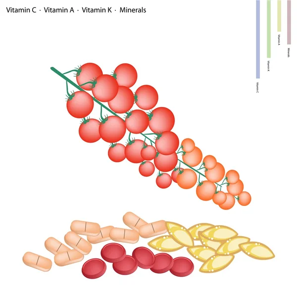 Tomates cereja com vitamina C, A e K —  Vetores de Stock