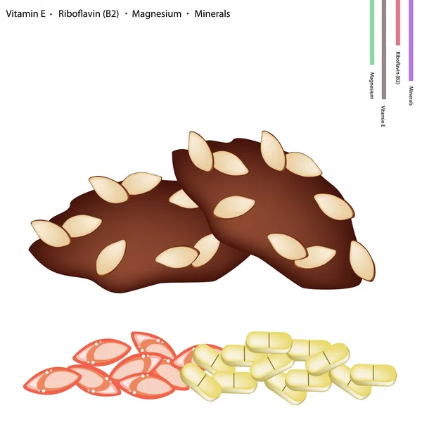 Biscuits aux amandes avec vitamine E, riboflavine et minéraux — Image vectorielle