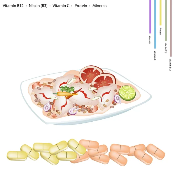 Salada de camarão picante tailandesa com vitamina B12, B3 e vitamina C —  Vetores de Stock