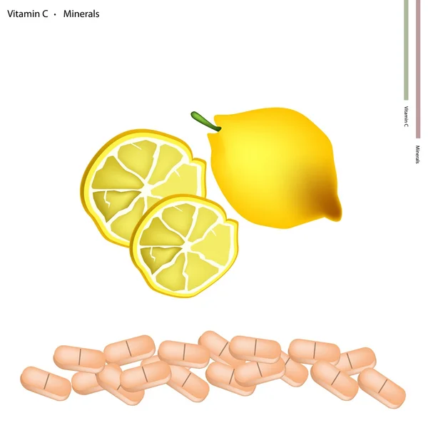 Ripe Lemon with Vitamin C on White Background — ストックベクタ