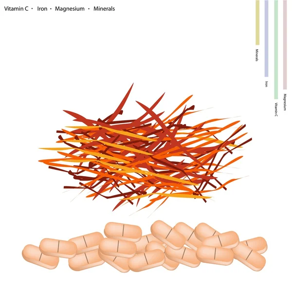 Saffron Thread dengan Vitamin C, Besi dan Magnesium - Stok Vektor