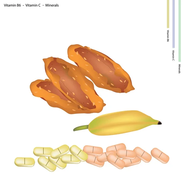 Bananas secas deliciosas com vitamina B6 e vitamina C —  Vetores de Stock