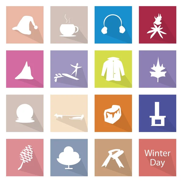 Illustrazione Set di 16 icone piatte invernali — Vettoriale Stock