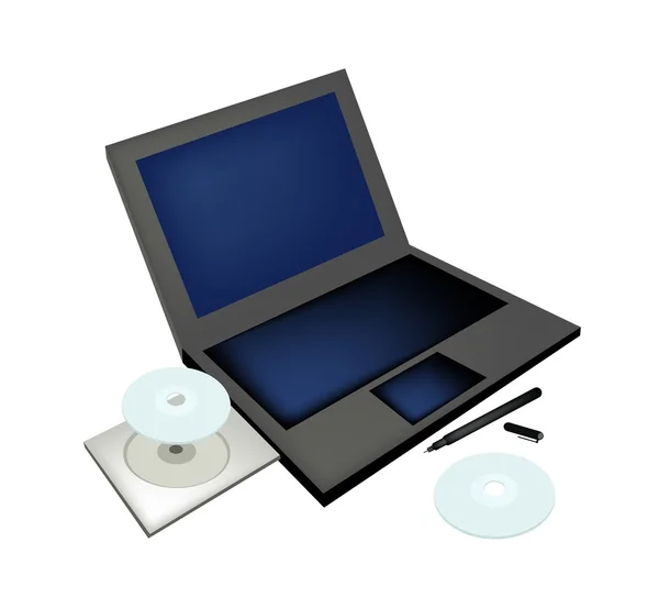 Computer portatile con penna e compact disc — Vettoriale Stock